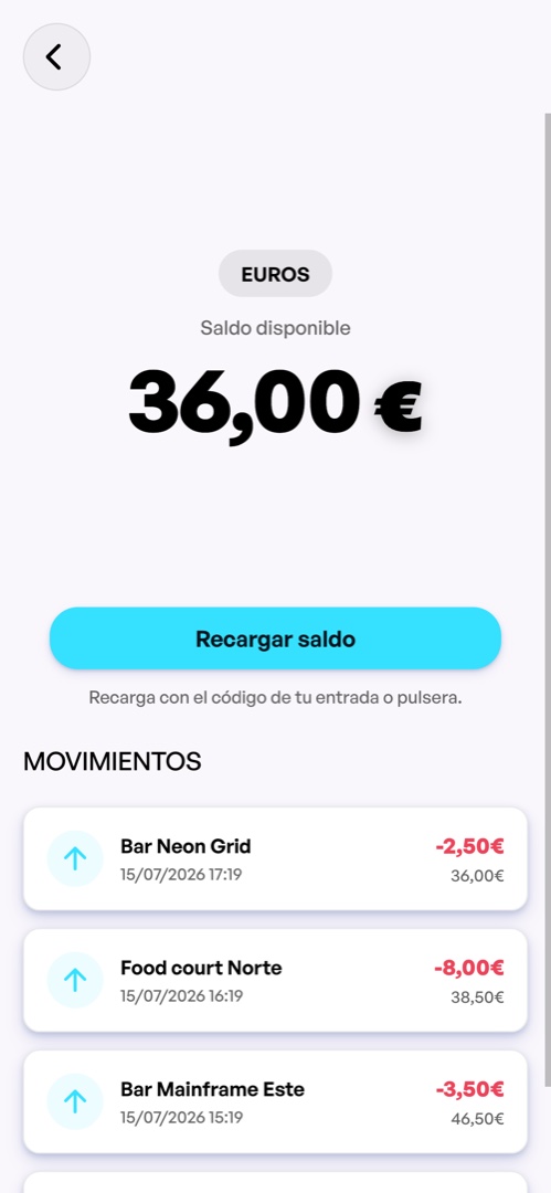Saldo cashless y movimientos de la pulsera en la app