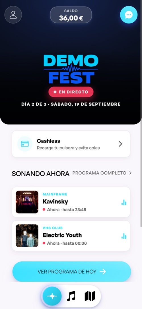 Home de la app del festival con sonando ahora en directo