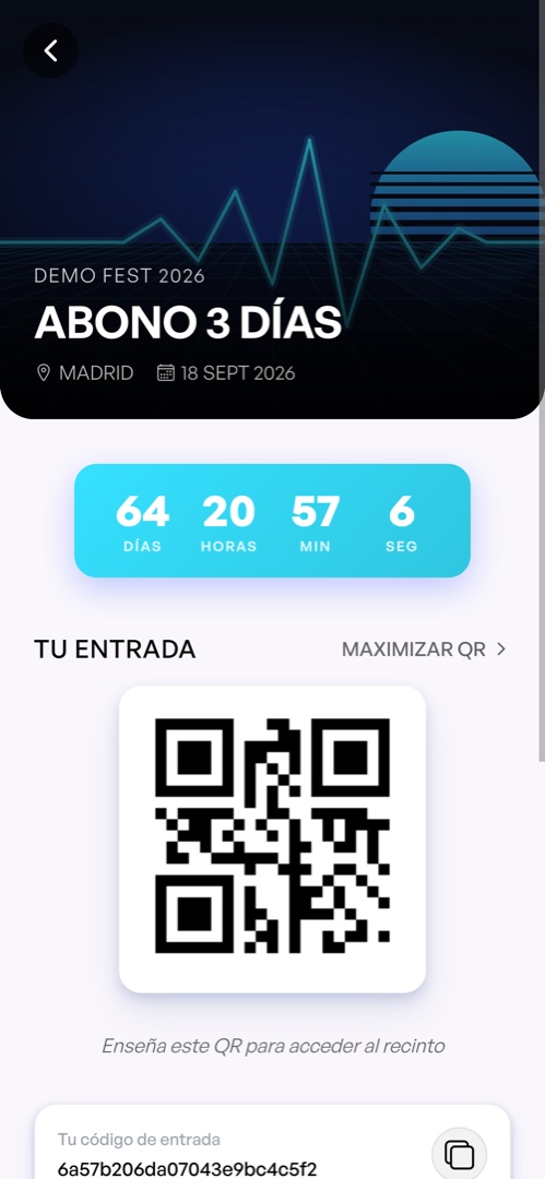 Entrada con QR y cuenta atrás en la app del festival